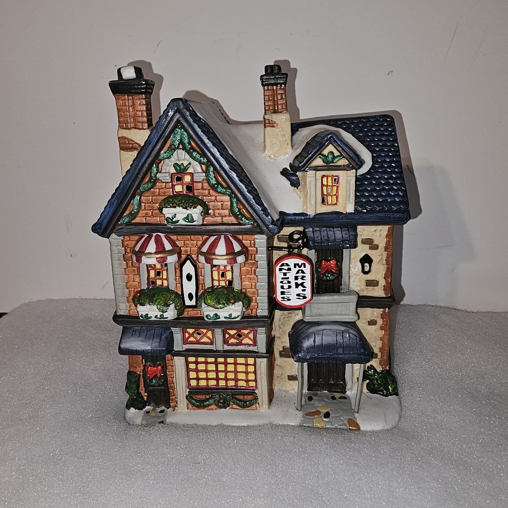 Holiday Time Christmas Village Marks Antiques with Blue and Red Accents